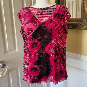 Milano Women's Stretch Top Size L Cap Sleeves Fully Pleated Ruffly Pink Black